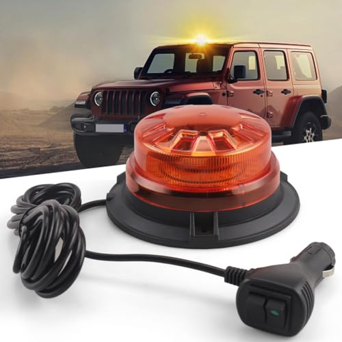 BIHEE Amber Beacon Light 12V/24V — Magnetic LED Strobe Warning Light with 8 Flash Modes, 2.8M Cord for Truck Van Tractor Construction Vehicle Emergency