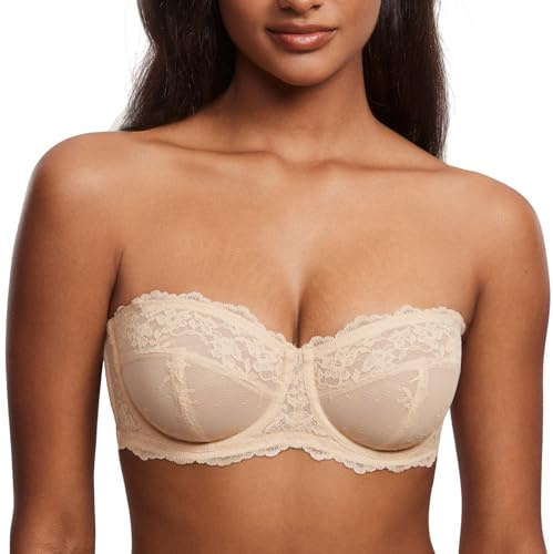 DOBREVA Women's Lace Strapless Bra See Through Unlined Sheer Convertible Underwire Plus Size Bras Beige 34F