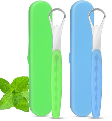 Milifox Raspador Lingual MetáLico para Adultos Y NiñOs,Limpiadores de Lengua de Acero Inoxidable Con Estuche,Portátil de Viaje,Limpieza Profunda,Mantiene el Aliento Fresco,Azul Claro Y Verde Claro
