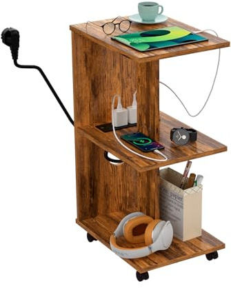 PIPIPOXER Nachttisch mit Stecker und USB-Buchse Nachttisch auf Rollen Minimalistischer Holznachttisch mit Ladefunktion für Schlafzimmer und Wohnzimmer (Braun)