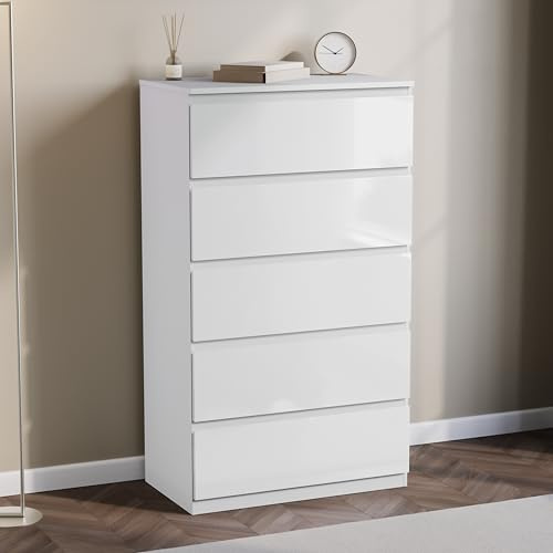 Vida Designs Glinton 5 Drawer Chest of Drawers | White | 112H x 70W x 40D cm | Stylish High-Gloss | Space-Saving Storage | Smooth Metal Runner | Easy Assembly | Modern Bedroom Furniture Unit