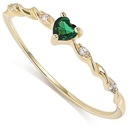 Anillos Chapados en Oro con Esmeralda, Piedra de Nacimiento para Mujer Anillo Apilable en Forma de Corazón de Plata de Ley 925 Hecho a Mano Amistad Piedra de Nacimiento de Mayo, Oro Talla 14.5