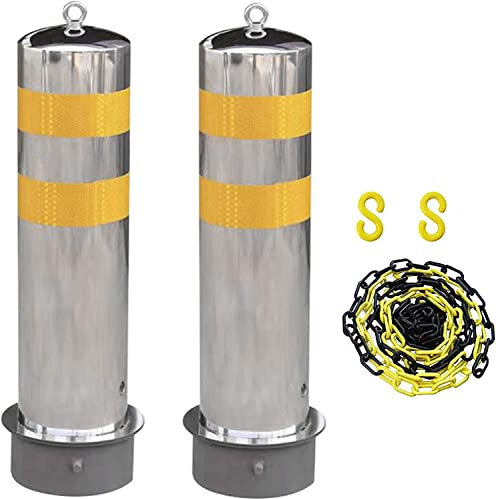 XAoSCd Parkleitplanken, Sicherheitspfosten Für Einfahrten, Reflektorband, 5 M Lange Absperrkette Und 2 Parkpfosten Aus Edelstahl Mit Aufhängering Und Beweglicher Basis,