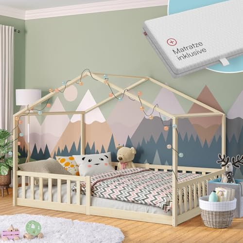 Bellabino Bia Bodenbett 140x200 cm, Natur, mit Matratze, Kiefer Massivholz | Montessori Hausbett mit Rausfallschutz, mit Lattenrost, Kinderbett für Jungen & Mädchen, Bettgestell, Kinderzimmermöbel