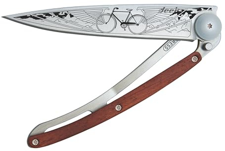 deejo – Klappbares Taschenmesser 37 g mit Gürtelclip – Griff aus Ebenholz, Klinge aus Edelstahl Z40C13 – Motiv Fahrrad – Tischmesser, Wandern, Camping, Biken