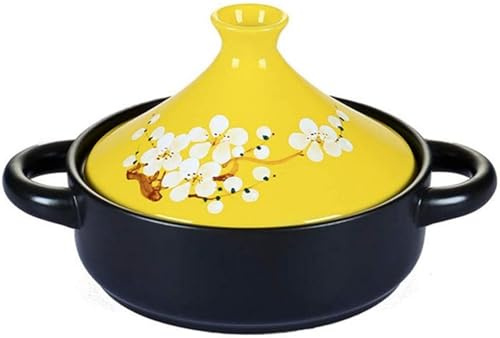 1,5L Tagine Topf, handbemalte Tagine Topf Haus Keramik Kochgeschirr bleifrei Eintopf Auflauf Slow Cooker mit Griff Antihaft-Kochtopf, gelb