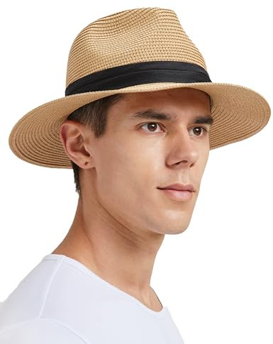 Zylioo Sonnenhut Stroh Panamahut Großen Kopf, Sonnenschutz Strohhut Größe L, UPF50+ UV Sommerhut Strandmütze