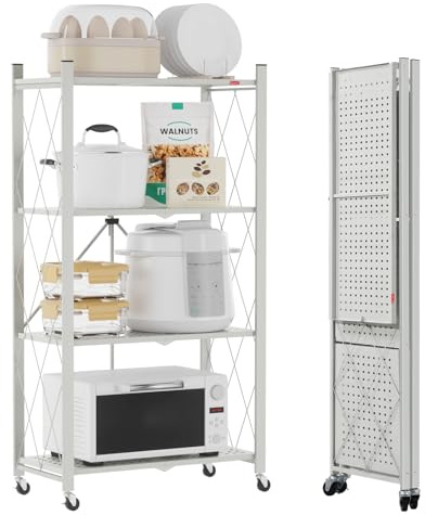 DEANIC Klappregal, 4 Regal Bücherregal, Küchenregale mit Rollen, Metallregal zur Aufbewahrung für Wohnzimmer, Speisekammer (61 x 116 x 28 cm,Grau)