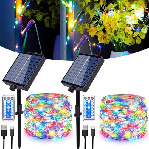Hopelit Solar Lichterkette Aussen, 2×10m 100LEDs Solar Lichterkette Outdoor IP65 Wasserdicht Kupferdraht mit Fernbedienung 8 Modi Für Party Garten Balkon Deko - Bunt