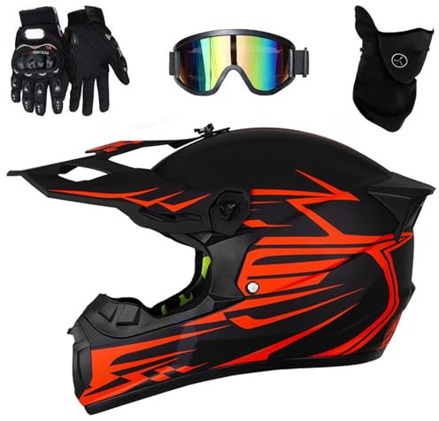 Kids Motocross Helmet Full Face - Lightweight Youth ATV/Bike Motorcycle Helmet with Fashion Tail Wing & Removable Padding, Goggles + Breathable Mask + Gloves(As red,L(56~57cm))