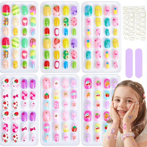 144Pcs Kids Stick on Nails - Pre-glue Full Cover Short Fake Nails for Kid - Kids False Nail Lovely Cartoon - Press on Nail for Children Girls Gift DIY Nail Art Nail Stickers (Purple Yellow Pink Fruit)