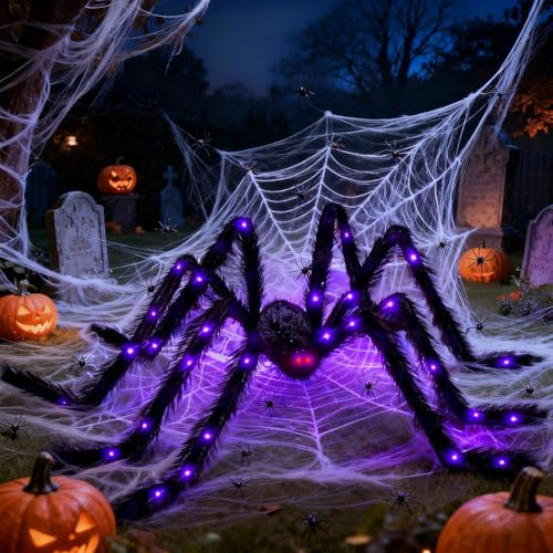 Betensh - Araignée Halloween géante, 125cm LED lumineuse, Fausse araignée réaliste, Décoration pour jardin et festival, Halloween, 1 pièce, Purple, Décorations pour Halloween