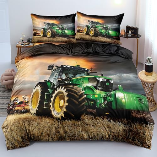 UKLGIY Traktor Bettwäsche 135×200 cm + Kissenbezug mit Reißverschluss 80×80 cm Kinder Junge 3D Traktoren Junge Bettbezüge Wende Bettwäsche Deckung Set mit Reißverschluss Weich Mikrofaser