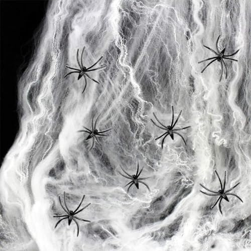 Telaraña Halloween, 40g Telaraña Elástica con 20 Arañas, Telaraña Blanca Decor, Elásticas Telarañas Accesorios de Casa Embrujada En Halloween