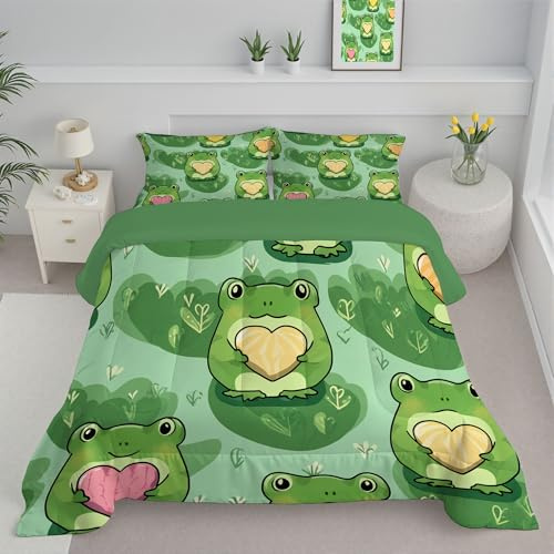 JEDTAKCT Piumino Letto Matrimoniale 4 Stagioni 200X200, Verde Smeraldo Reversibile Piumone Leggero, Rana Carina Animale Acquerello Coperta Trapunta In Microfibra, Lavabile In Lavatrice