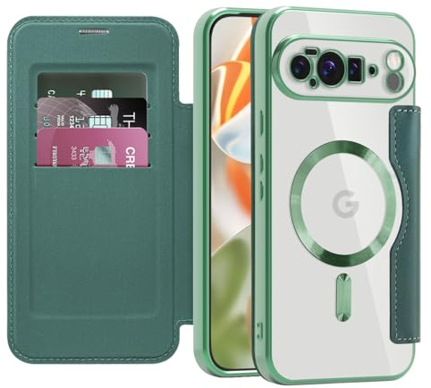SIYOPINPFY Fällbart fodral för Google Pixel 10 Pro XL mobiltelefonfodral kompatibelt med MagSafe, RFID-lås läderplånbok kortfack fodral, transparent skyddsfodral för Google Pixel 10 Pro XL, djupgrön