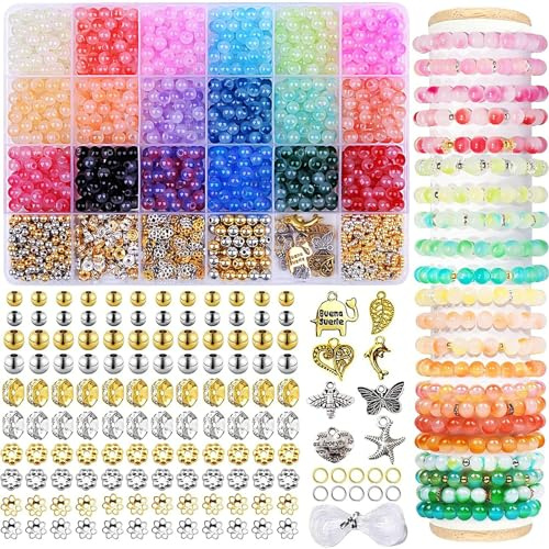 Schmuck Selber Machen Set, Natürliche Edelstein-Perlen 5–8mm,1180 Stück Unregelmäßige Natursteinperlen mit Loch, DIY Bastelset für Armbänder, Halsketten, Ohrringe & Ringe zum Auffädeln (Runde Perlen)