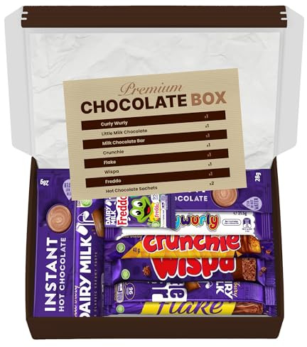 Premium Chocolate Gift Box Hamper with Hot Chocolate Sachets - A Mix of Full Size Chocolate Bar & Surprise Sweet Treats for Adults & Kids - Letterbox Friendly
