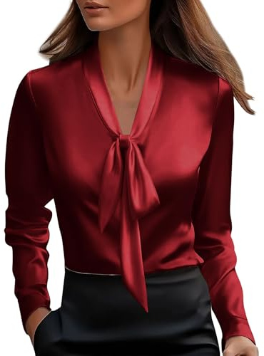 GMQWRK Blusas de satén con cuello de lazo para mujer, elegantes camisas inteligentes de manga larga con cuello en V, a la moda, casual, para oficina, trabajo, blusa brillante de seda similar a la seda