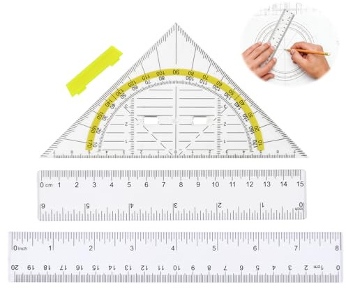 3 Stück Zeichnung Set, Lineal 15cm und 20 cm, Geodreieck 14cm Enthält Winkelmesser mit Griff, Transparent Flexibel zum Kreise Zeic, Ideal zum Zeichnen Kartografieren Modellieren