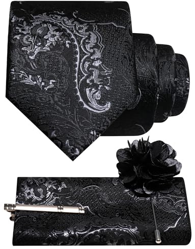 JEMYGINS Schwarz Basierte Krawatte Set Herren Einstecktuch Krawattenklammer Ansteckblume mit Barock Muster für Hochzeit Business Party Mehrfarbig Grau