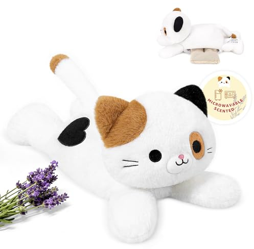shownicer Wärmekissen Stofftier Katze herausnehmbare Leinsamen Lavendelfüllung 40cm 550g Mikrowellen-Erwärmbarer Wärme-Kuscheltier Katze Plüschtier für Erwachsene Kinder (Geschenkbox Verpackung)