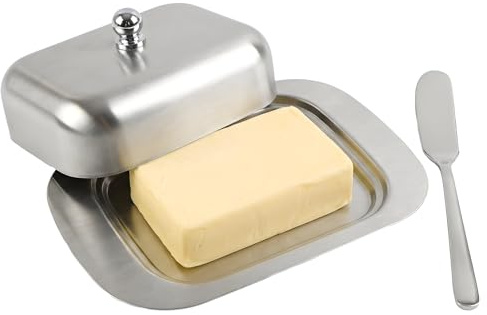 Mantequillera de acero inoxidable con tapa y espátula, apto para lavavajillas, mantequilla, plato para frigorífico y mesa, caja de mantequilla para mantequilla, postres y frutas (plata)