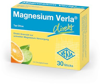 Magnesium Verla direkt Citrus – 150 mg Magnesiumcitrat als praktische Direkt-Sticks, für eine schnelle Magnesium-Versorgung, ideal für unterwegs, zucker- & glutenfrei, 30 St