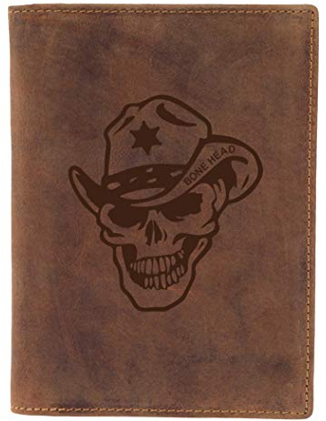 Greenburry Vintage Bone Head BH03 Leder Ausweishülle mit Totenkopf Motiv braun