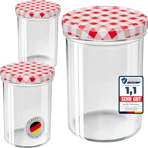 WELLGRO 200x Einmachgläser mit Schraubdeckel - 435 ml, 8,5 x 12 cm (ØxH), Glas/Metall, rot karierte Deckel To 82, Gläser Made in Germany
