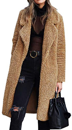 Angashion Women's Fuzzy Fleece Lapel Open Front Long Cardigan Coat Faux Fur Warm Winter Outwear Jackets Dark Camel S