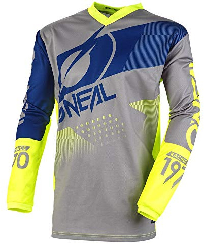 O'NEAL | Motocross-Jersey | MX Enduro Motorrad | Maximale Bewegungsfreiheit, Gepolsterter Ellbogenschutz, Atmungsaktives Material | Element Jersey Factor | Erwachsene | Grau Blau Neon-Gelb | Größe L