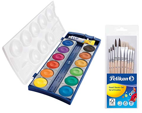 Pelikan 720250 K12 Boîte de peinture 12 couleurs + 1 tube blanc opaque Standard scolaire (boîte de peinture couvrante et 10 pinceaux)