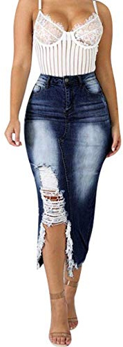 Faldas de Jeans para Mujer Faldas de Verano de Talla Grande Faldas de Mezclilla de Estilo Callejero dañado de Cintura Alta para Mujer