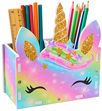 Basumee Unicorn Tisch Organizer Holz Schreibtisch Kinder Schreibtisch Tidy Makeup Brush Holder Organizer,Gelbes lila Einhorn