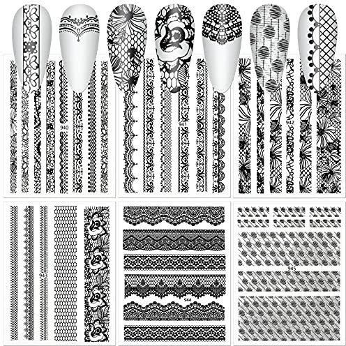 MWOOT 6 Blatt 3D Schwarze Spitze Nagelsticker Abziehbilder, Nagelaufkleber Selbstklebend für DIY Nagelspitzen Dekoration,Nagel Aufkleber Abziehbilder Maniküre Dekoration