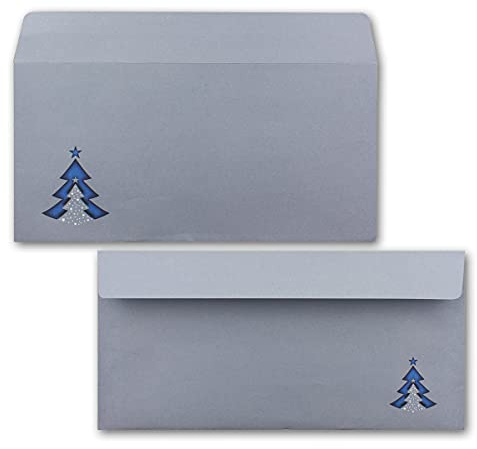 50x Briefumschläge DIN Lang in Grau mit blauen Tannenbäumen - Haftklebung mit Abziehstreifen - 110 x 220 mm - 120 g/m² - Weihnachtsumschläge mit Motiv für Firmen und Privat