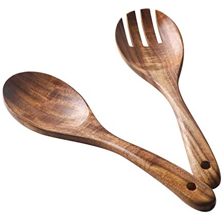 muso wood Salatbesteck, Holz Salatbesteck 2 Stück 26cm Salatgabel und Salatlöffel Besteck Set Langgriff -Akazienholz