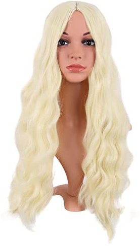 MapofBeauty 28 Zoll/70 cm Länge Wavy Synthetische Faser Lockige Haarfasern Ersatz Perücke für Partys Cosplay Täglich Perücke (Hell Gold)