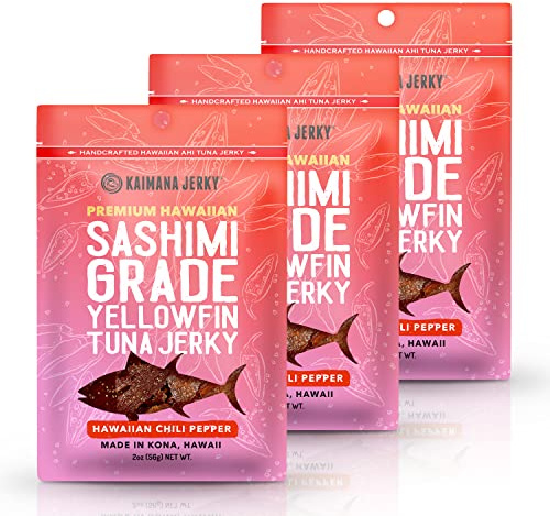 Kaimana Ahi Tuna Jerky Hawaiian Chili Pepper - Soft and Tasty - Premium Fish Jerky Made in the USA. High in Omega 3's, All Natural and Wild Caught - 2 Ounce (Pack of 3)