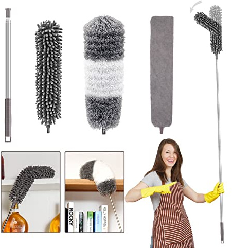 jiuzcare Plumero Telescópico 4 Piezas, Plumero de Limpieza de Microfibra y Chenilla, Atrapapolvo Extensible hasta 252 cm con 3 Cabezales para Techo, Telarañas, Ventiladores, Lámparas y Muebles Altos