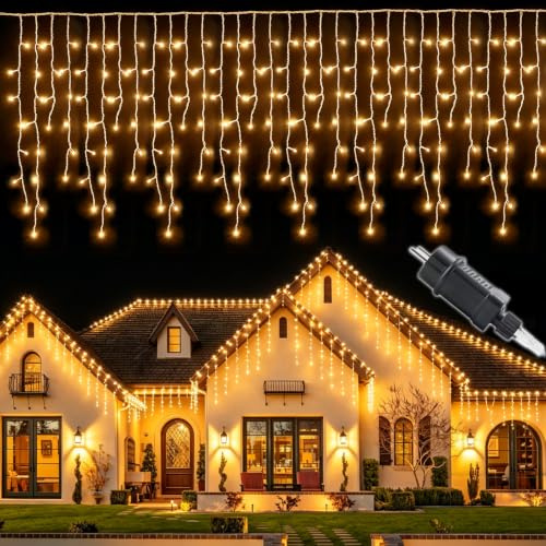 MOLVCE Eisregen Lichterkette Außen Warmweiß 10M 400Leds Lichterkette | IP44 Wasserdicht Weihnachtsbeleuchtung mit Stecker, 8 Modi, Timer und Speicherfunktion für Balkon Haus Fenster Traufe