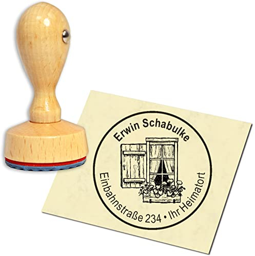 Stamp Address Stamp Wooden Stamp - Window with Flower Box - Round Diameter 40 mm Personalised as Company Stamp Name Stamp Office