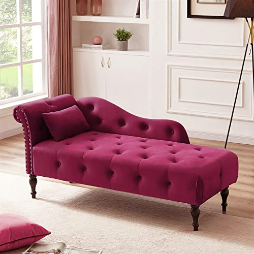 Polibi 60.6 Velvet Chaise Lounge Chair with 1 Pillow and Nailhead Trimmed, Modern Tufted Long Lounger with Buttons Tufted and Solid Wood Legs for Living Room or Office, Sleeper Lounge Sofa