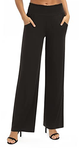 EXCHIC Damen Leichtgewicht Elastisch Hohe Taille Hose Casual Weite Bein Dehnbar Lounge Hosen mit Taschen (XL, Kaffee)
