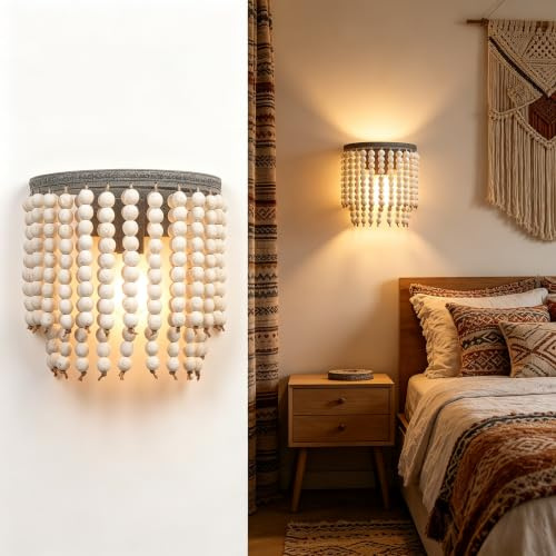 JCPYIUL Weiß Vintage Holz Perlen Wandleuchte Bohemia Wandleuchter Rustikale Boho Lampe Landhausstil Bauernhof Beleuchtung für Schlafzimmer Flur Eingang Passage Wohnzimmer