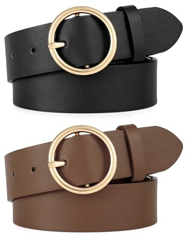 WERFORU 2 Stücke Frauen Ledergürtel für Jeans Hosen Mode Damen Leder Gürtel mit Gold O-Ring Schnalle