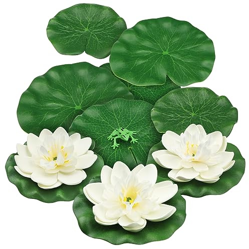 PietyPet 10pcs Artificial Floating Foam Lotus Flowers with Artificial Frog Lotus Leaves, Lily Pads for Lake, Pond Plants Ornaments for Pool Aquarium Water Decoration, White