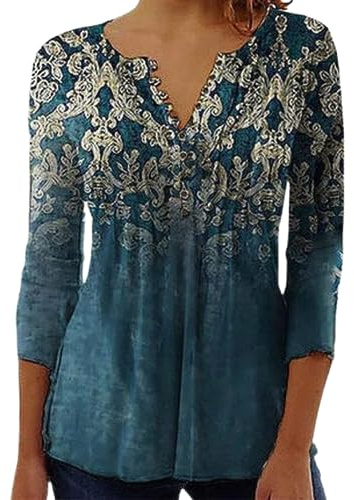 Yeenily Women Blouses 3/4 Long Sleeve Elegant Tshirt Round Neck Printed Shirt Casual Basic Tunic Tops,Blue,S
