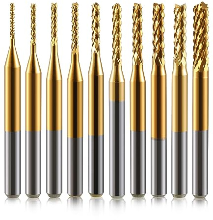 End Mill Sets,10Pcs Titanium Coat Ending Mill,1/8 Shank 0.8-3mm Micro End Mill Engraving Bits CNC Router Bits for Rotary Tools